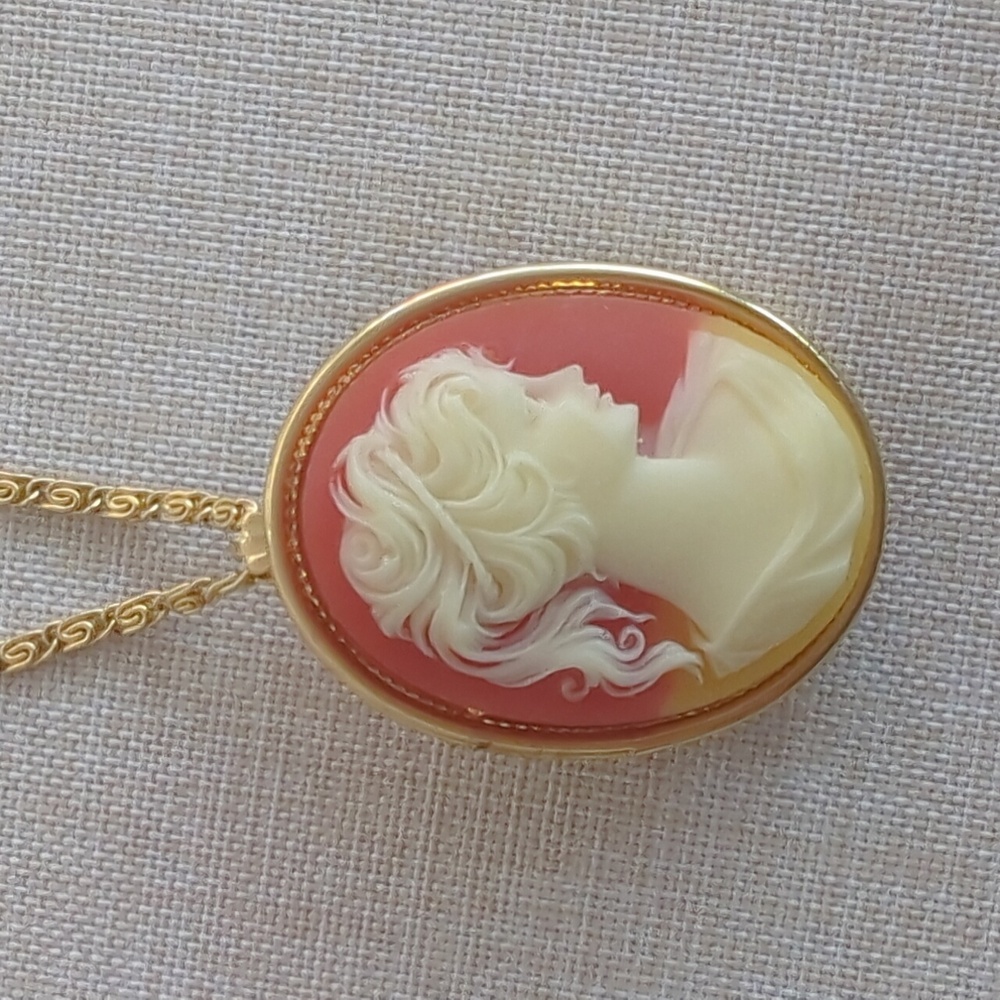 Vintage Park Lane Cameo Locket Brooch Necklace 3-in-1 Convertible Gold Tone